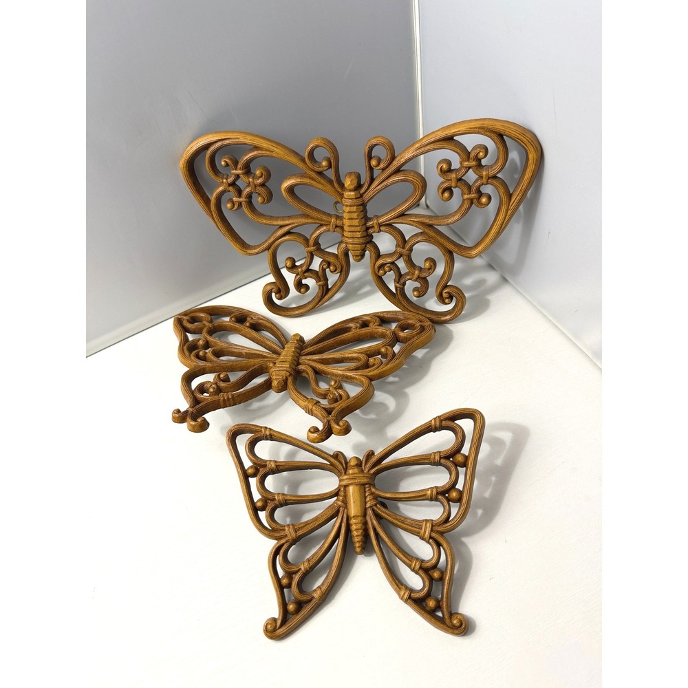 Vintage Homco Butterflies with Wall Hangers Set of 3 Faux Wicker Brown